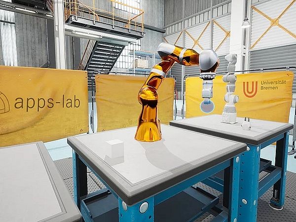 Abbildung eines Roboters vor einem Banner mit der Aufschrift "Apps Lab"