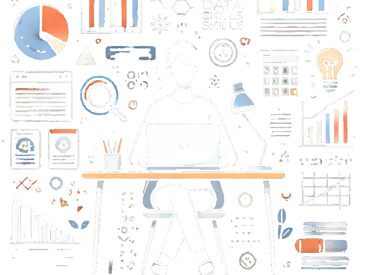 Mensch an Schreibtisch mit graphen und datensymbolen im Hintergrund