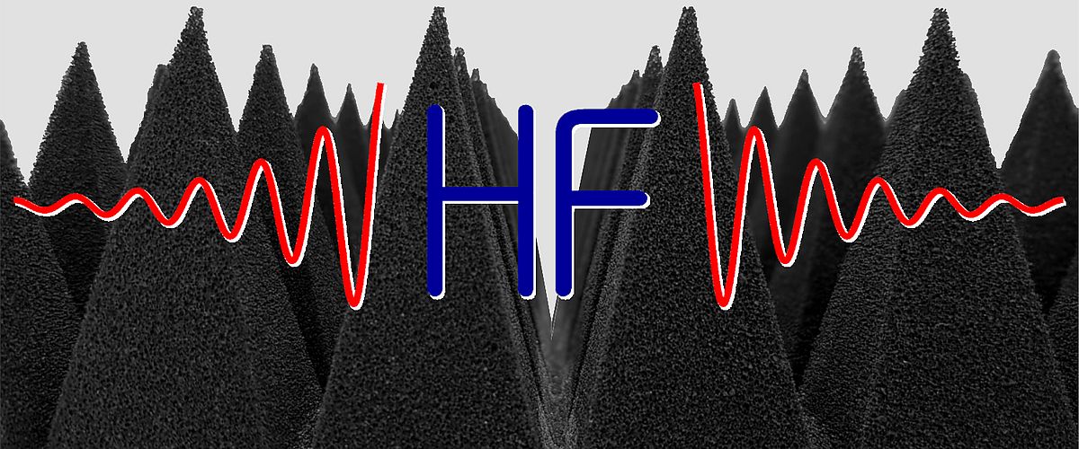 Logo der Abteilung Hochfrequenztechnik mit Pyramidenabsorbern im Hintergrund