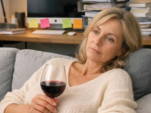 Frau mit Weinglas auf Sofa, KI generiert