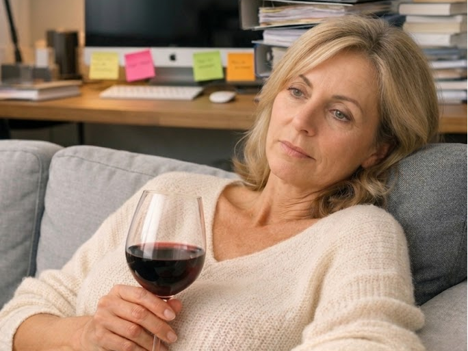 Frau mit Weinglas auf Sofa, KI generiert
