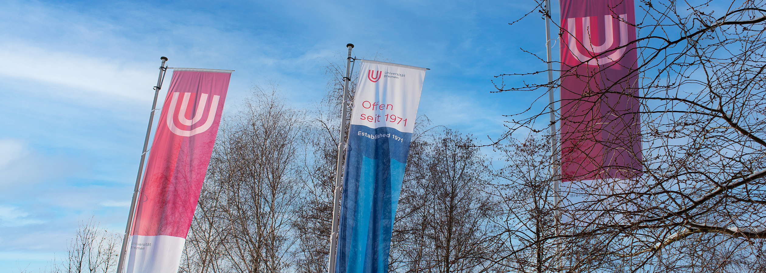 Uni-Flaggen vor dem Campus