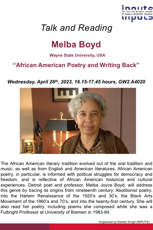 Poster des Gastvortrags “African American Poetry and Writing Back”