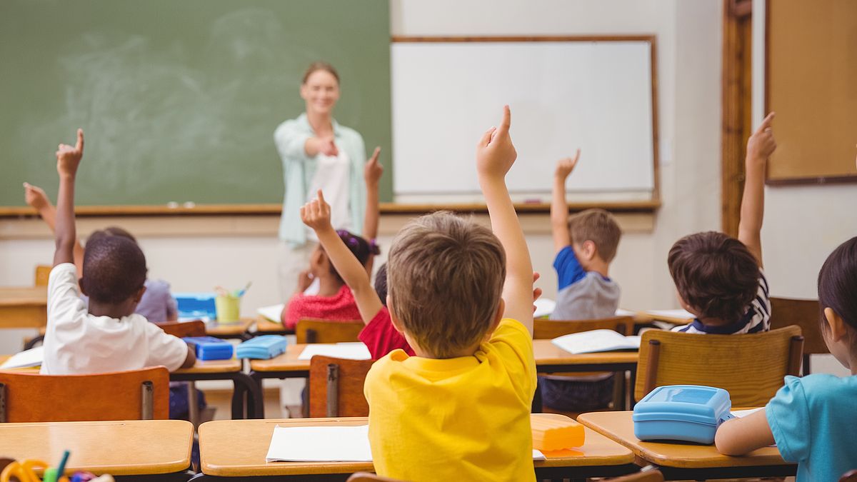 SuS im Klassenraum Rückenansicht von Schülerinnen und Schülern im Klassenraum, die sich melden