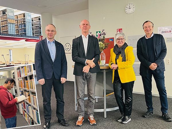 Group picture (from l. to r.): Prof. Schneider, Dekan Prof. Vellekoop, Direktorin Frau Müller, Prof. Bornholdt, inset: M.Sc. A. Pal