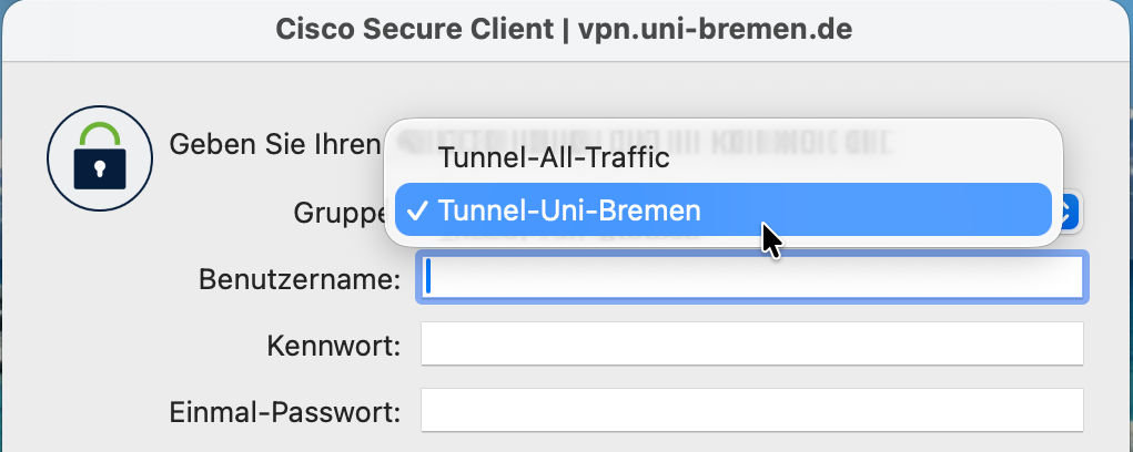 The field group has the following options: "Tunnel-Uni-Bremen" and "Tunnel-All-Traffic".