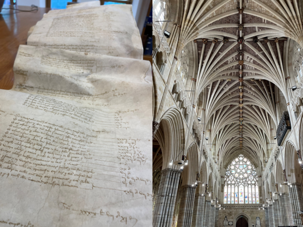 Links: Handschriftliche Rechnung, Rechts: Kathedralbau