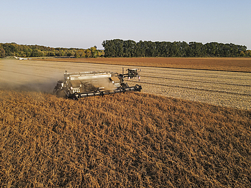 An agricultural machine in action on a field. In the background you can see forest and blue sky.
