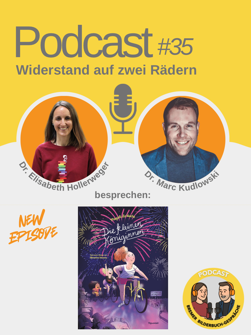 Das Bild zeigt die Ankündigung des Podcasts mit Fotos von Elisabeth Hollerweger, Marc Kudlowski und dem Buchcover sowie einen QR Code, der zum Podcast auf Spotify führt.