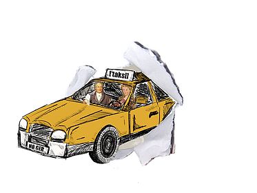 Gelbes gezeichnetes Taxi, in dem Goethe und eine mittelalterliche Hofdame fahren, mit dem Nummernschild HB-GER und einem Taxischild in linguistischer Lautschrift