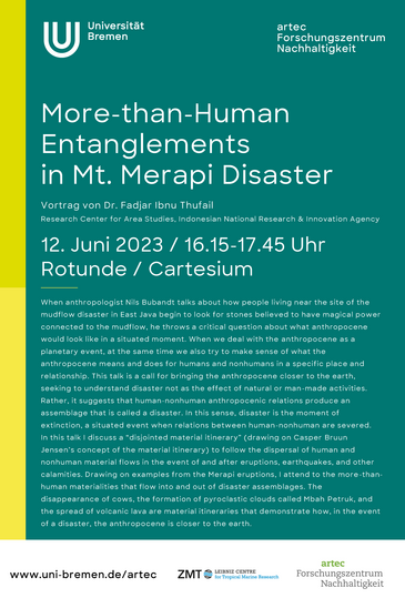 Veranstaltungsplakat des Vortrags "More-than-Human Entanglements in Mt. Merapi Disaster" von Dr. Fadjar Ibnu Thufail