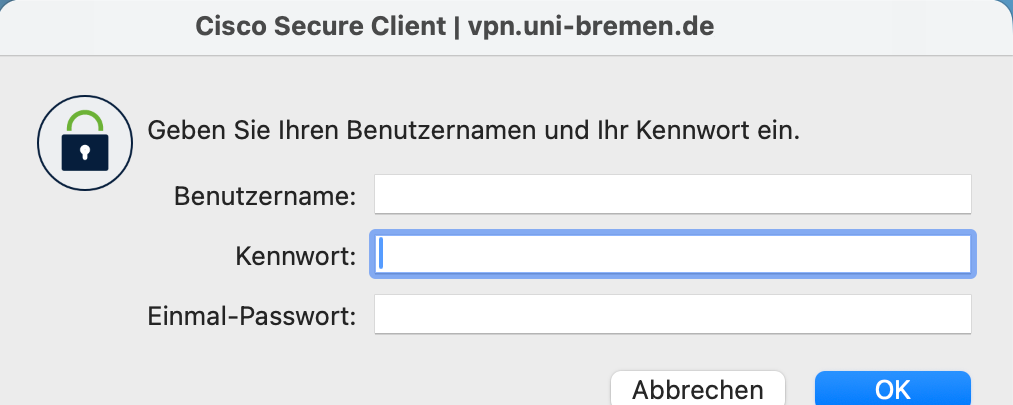 Das Bild zeigt eine Eingabemaske für Benutzername, Kennwort und (optional) Einmal-Passwort.