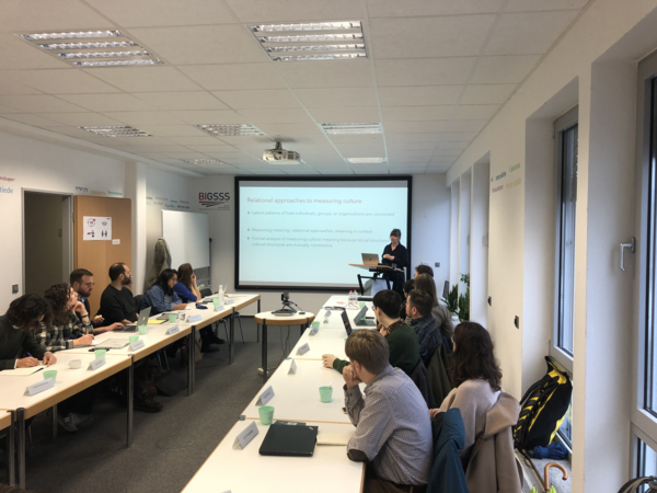 Präsentation im Raum. Gruppe von Teilnehmer*innen schauen Richtung präsentierende Person. Auf der Präsentation steht Measuring Culture