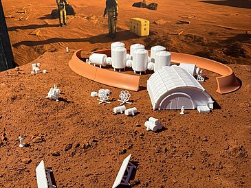 Marsmodell bestehend aus Marslandschaft mit Habiaten im Space Hub Bremen