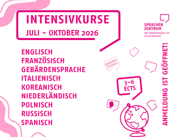 Information zu den Intensivkursen von Juli bis Oktober 2026. Für die Kurse in Englisch, Französisch, Gebärdensprache, Italienisch, Koreanisch, Niederländisch, Polnisch, Russisch und Spanisch; die Anmeldung ist geöffnet
