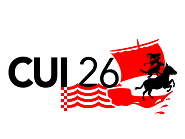 Logo Mit dem Schriftzug CUI26 mit Silouetten von einem roten Boot mit Segel und roten Wellen und der Schwarzen Silouette der Stadtmusikanten.