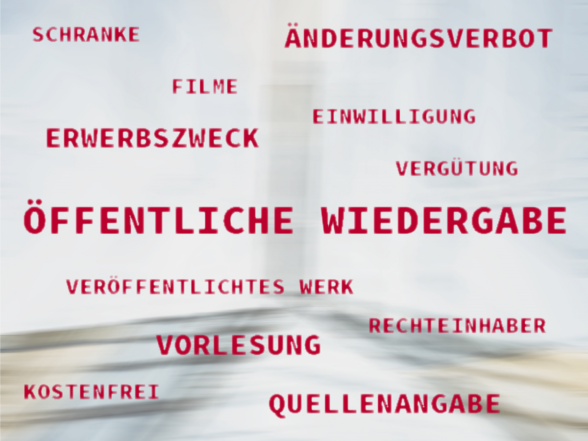 Wortwolke mit urheberrechtlichen Begriffen um das Thema Öffentliche Wiedergabe