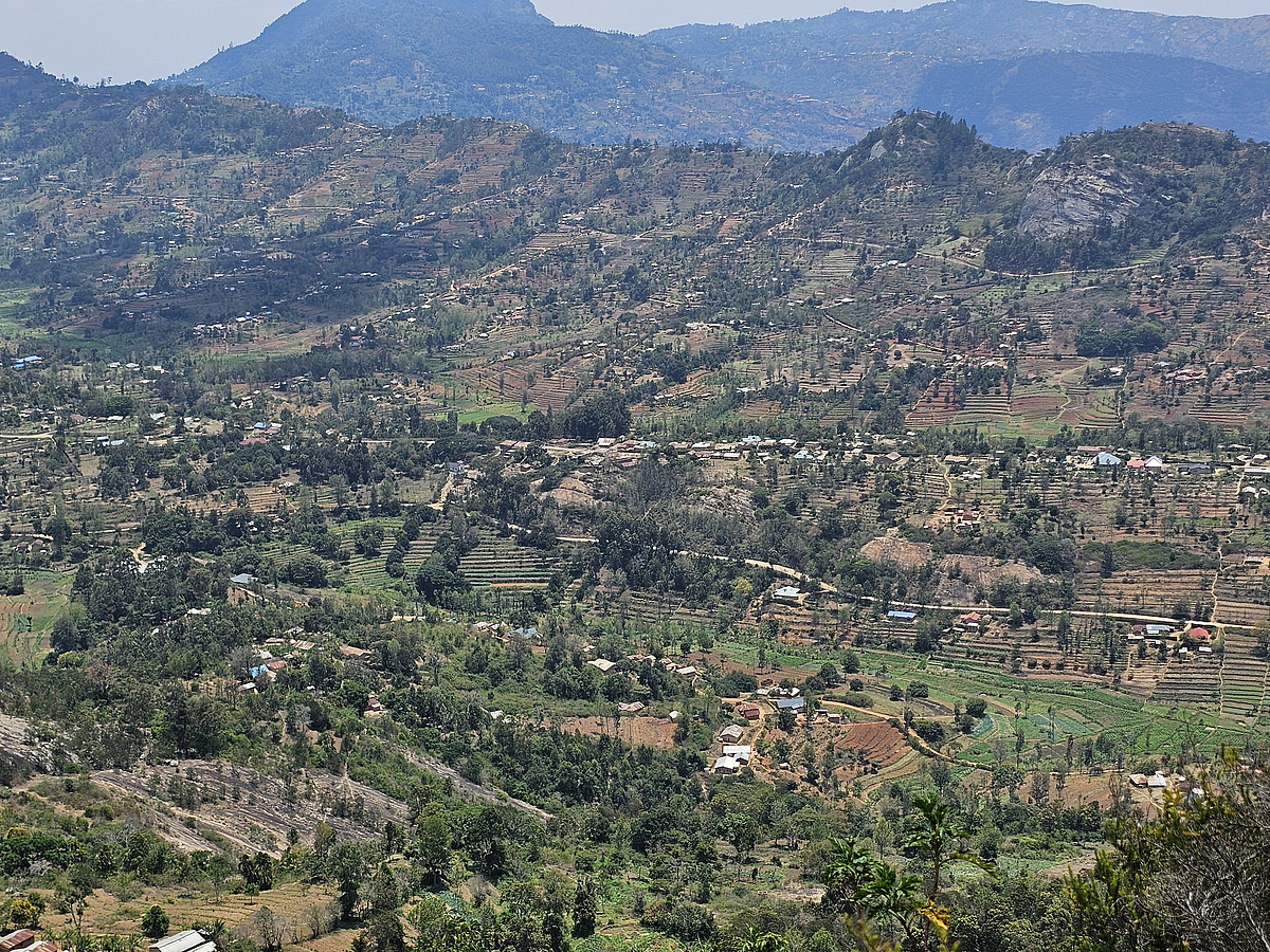 View of a landscape in the Taita Hills (Kenya), characterized by small-scale farming in the lower and middle areas.