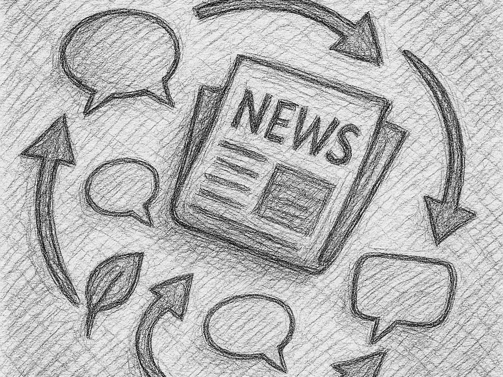 Pencil drawing of a newspaper with the word “NEWS” surrounded by speech bubbles and arrows – symbolizing communication and the exchange of information.