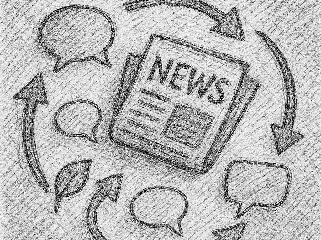 Bleistiftzeichnung einer Zeitung mit dem Wort „NEWS“, umgeben von Sprechblasen und Pfeilen – als Symbol für Kommunikation und Informationsaustausch.