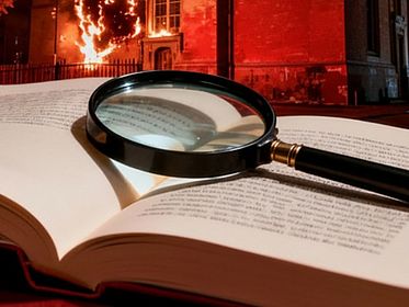 Lupe, die auf einem aufgeschlagenen Buch im Bildvordergrund liegt vor einem brennenden historischen Gebäude im Bildhintergrund