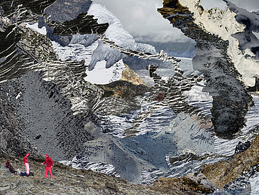 Digitale Fotomontage: Zwei Männer stehen im Gebirge