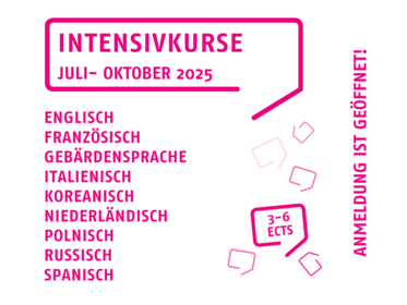 Infografik zu den Angebotenen Intensivkursen: ENGLISCH;FRANZÖSISCH; GEBÄRDENSPRACHE; ITALIENISCH; KOREANISCH; NIEDERLÄNDISCH; POLNISCH; RUSSISCH; SPANISCH