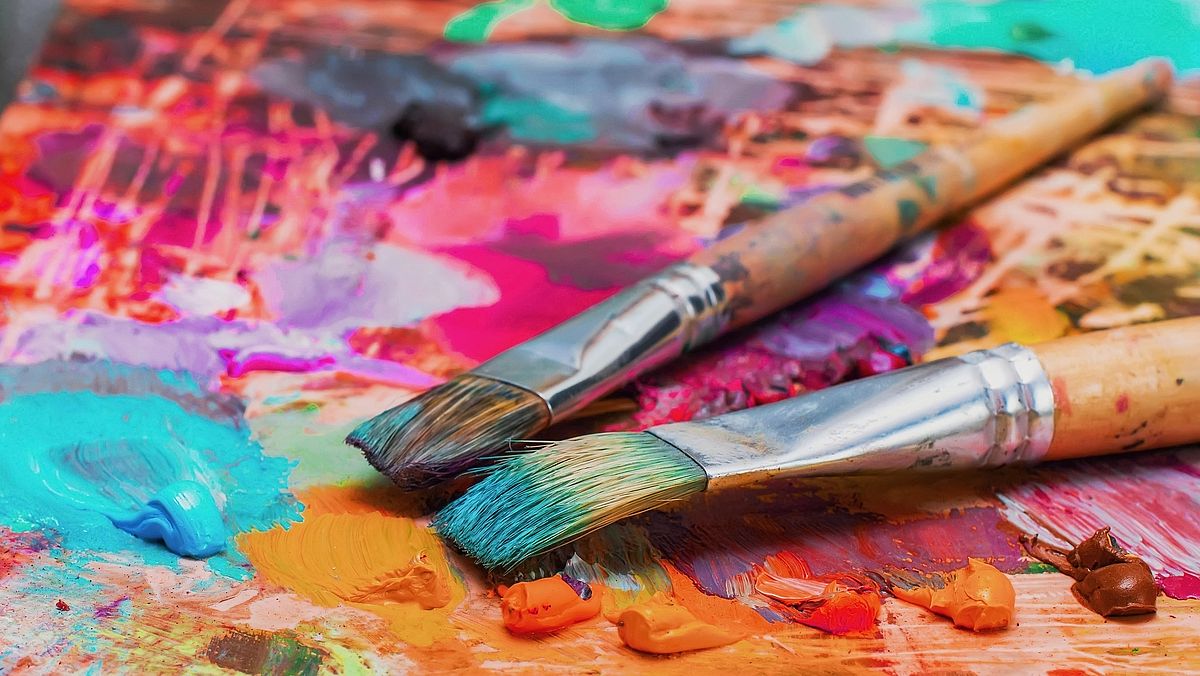 Used brushes on an artist's palette of colorful oil paint Artist, Variation, abstract, acrylic, art, backgrounds, box, bright, brushes, canvas, clean, color, craft, design, dirty, drawing, easel, education, freedom, green, hobby, image, multi, oil, orange, paint, painted, painting, palette, paper, pattern, pencil, product, purple, red, summer, technology, tool, wood, work, yellow