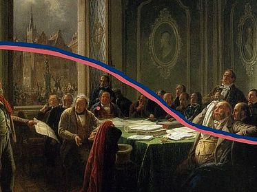 Gemälde aus dem 19. Jahrhundert mit Politikern bei Debatte