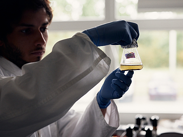 Die Cyanobakterien in den Händen des Doktoranden Tiago Ramalho stehen im Mittelpunkt der Forschung an der Universität Bremen zu Lebenserhaltungssystemen für ein (Über)leben auf dem Mars.
