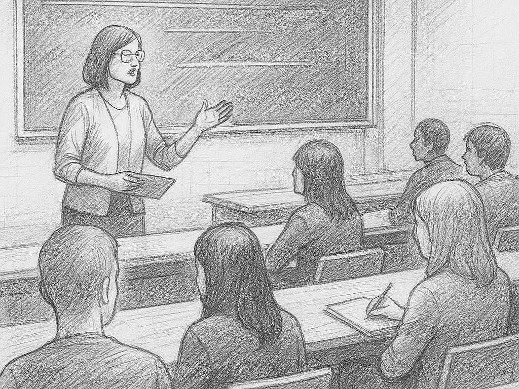 Bleistiftzeichnung eines Lehrers, der Schüler in einem Klassenzimmer unterrichtet – symbolisiert das Lehren und die Wissensvermittlung.