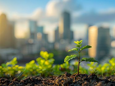 AdobeStock_828Jqu.jpg Bild von Gras und Pflanzen, im Hintergrund eine Großstadt