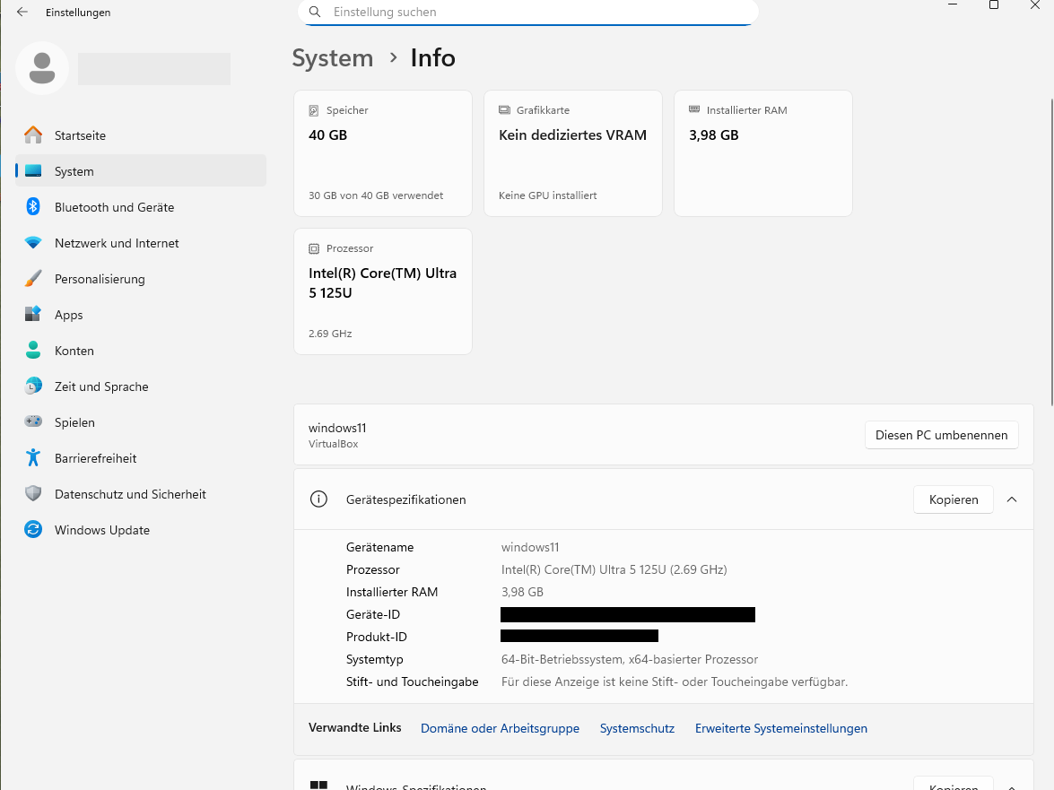 The image shows the system dialogue ‘System > Info’. Here you will find your device specifications.