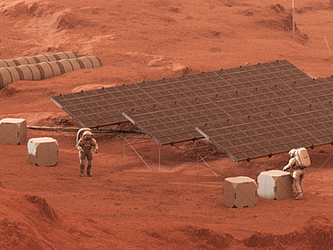Grafic of Astronauts on Mars next to solar panels