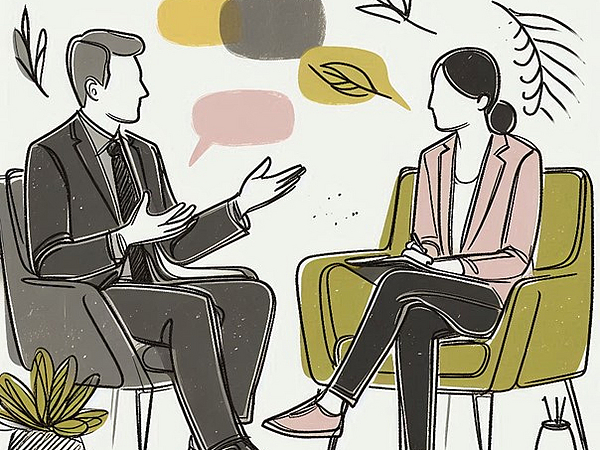 Zeichnung eines Therapiegespräches, links sitzt ein Mann im Anzug und rechts eine Frau mit einem Blazer