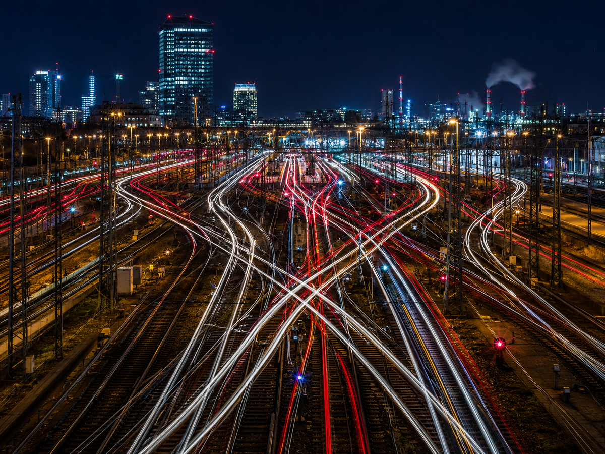 Erleuchtetes Bahnnetz bei Nacht