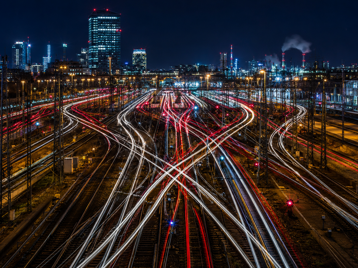 Mathematik und KI Erleuchtetes Bahnnetz bei Nacht