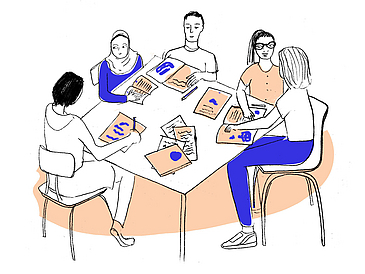 Zeichnung von Leuten rund um einen Tisch