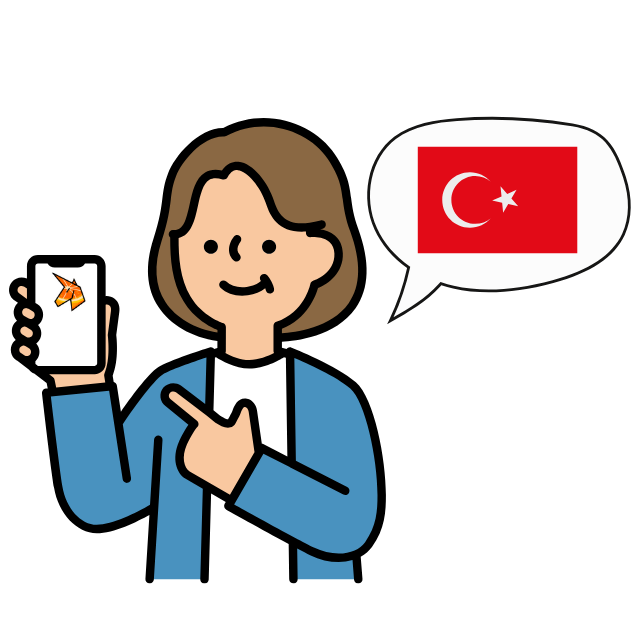 Design ohne Titel - 2 Eine Frau hält ein Smartphone mit dem UNICON-Logo hoch und neben ihr ist eine Sprechblase mit einer türkischer Flagge.