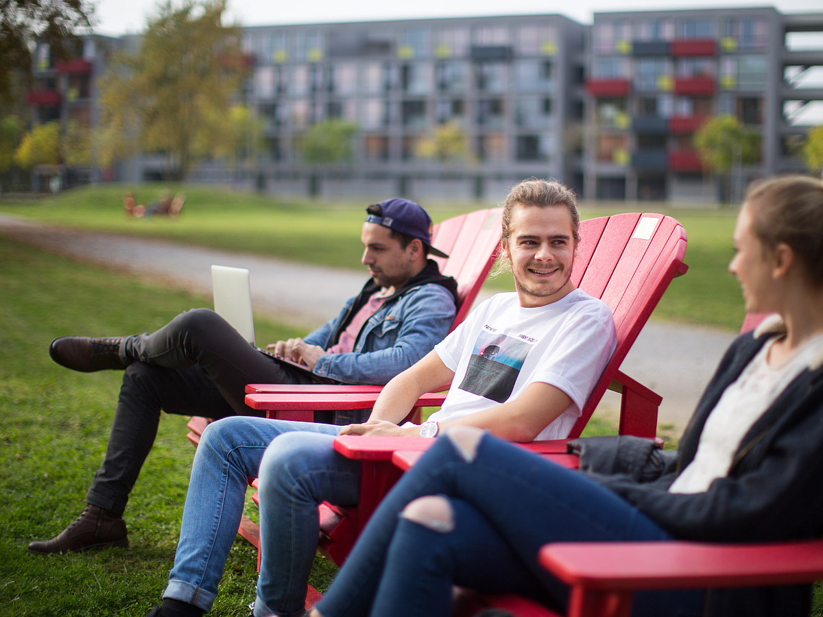 Studierende auf Liegestühlen im Campuspark.