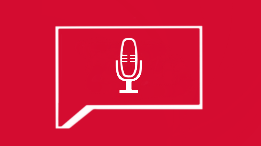 Eine Sprechblase mit einem gezeichneten Standmikrofon