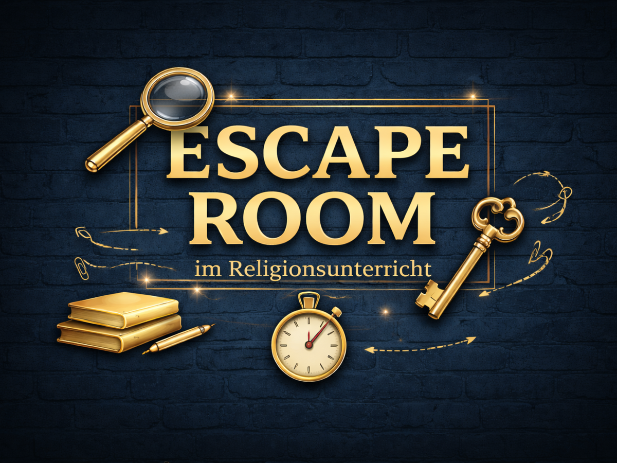 Escape Room Aufschrift mit Lupe, Schlüssel, Taschenuhr und Büchern