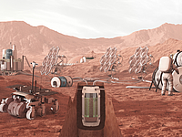 Mars landscape with rovers and cyano bacteria tanks.