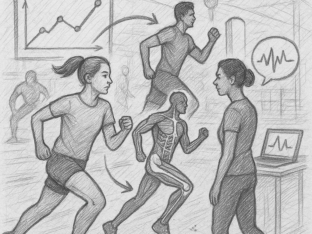 Pencil drawing of runners, a researcher with a laptop, and a diagram—symbolizing training, performance analysis, and body resear