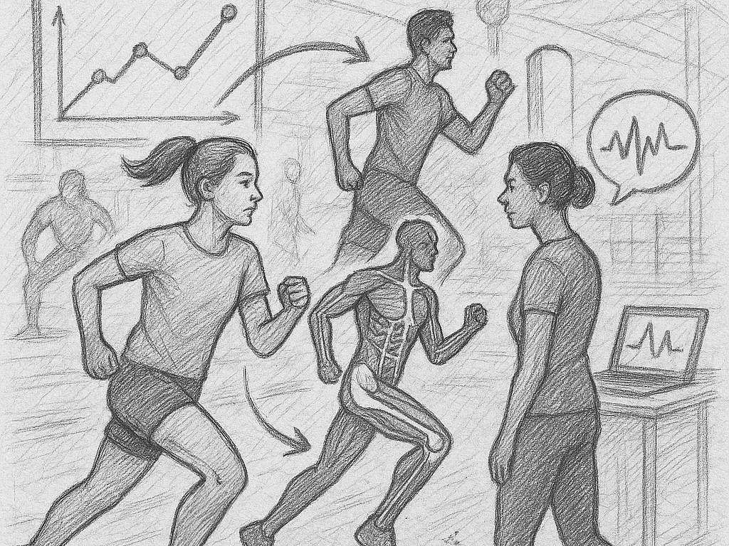 Bleistiftzeichnung von Läuferinnen und Läufern, einer Forscherin mit Laptop und einem Diagramm – symbolisiert Training, Leistungsanalyse und Körperforschung.