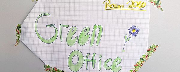 A handwritten note with the words "Green Office Room 2040" is attached to a wall.