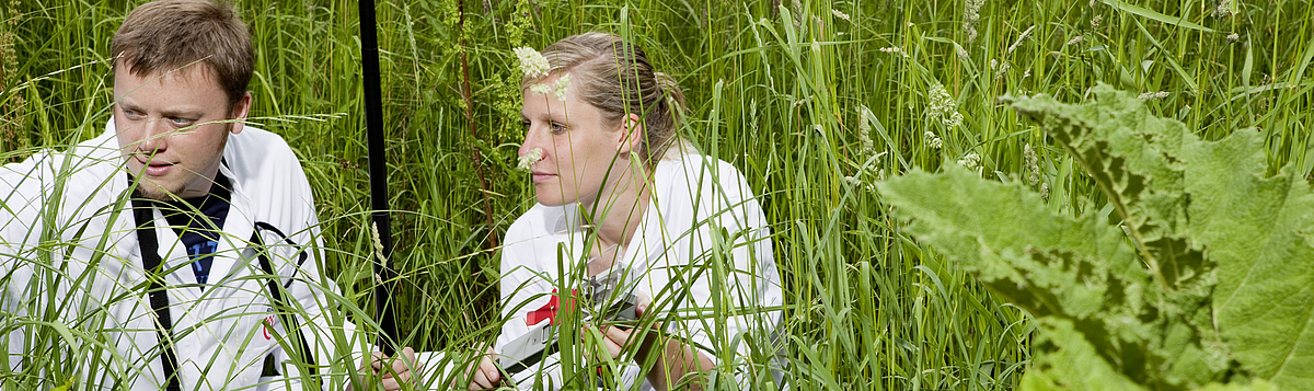 Zwei Personen in Laborkitteln umgeben von hohem Gras.