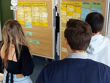 vier Personen stehen mit dem Rücken zur Kamera gewandt vor einer Flitchart-Tafel.
