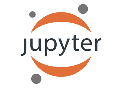Logo für Jupyter: Schriftzug Jupyter, gerahmt von orangefarbenen Sicheln darüber und darunter, umgeben von drei grauen Kugeln