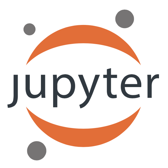 Logo für Jupyter: Schriftzug Jupyter, gerahmt von orangefarbenen Sicheln darüber und darunter, umgeben von drei grauen Kugeln